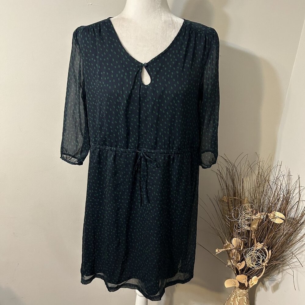 Vtg Old Navy Women Polka Dot Dress 3/4 Sleeve Mini Lined Blue Green Keyhole Sz M
